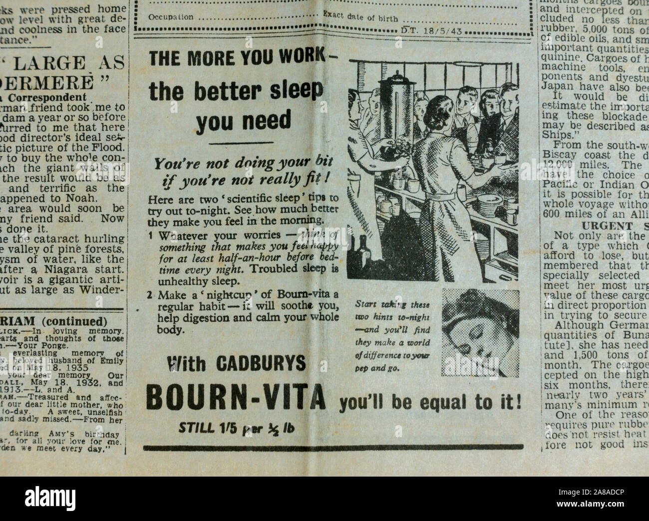 Advert for Cadburys Bourn-vita in The Daily Telegraph (replica), 18th May 1943, the day after the Dam Busters raid. Stock Photo