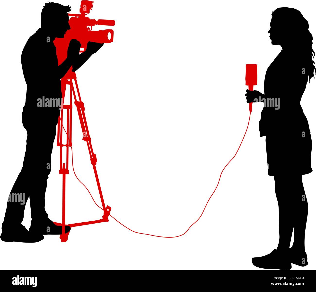 Silhouette operator removes journalist with microphone on a white background. Stock Vector