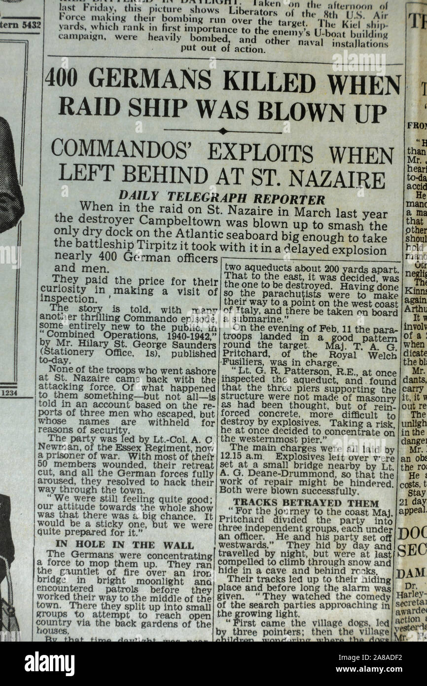 Follow up report on the St Nazaire raid (March 1943) in The Daily Telegraph (replica), 18th May 1943, the day after the Dam Busters raid. Stock Photo