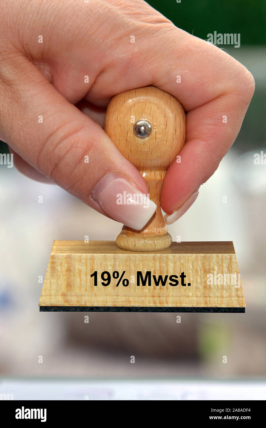 Stempel, Holzstempel, Aufschrift, 19% Mwst., Mehrwertsteuer, Stock Photo