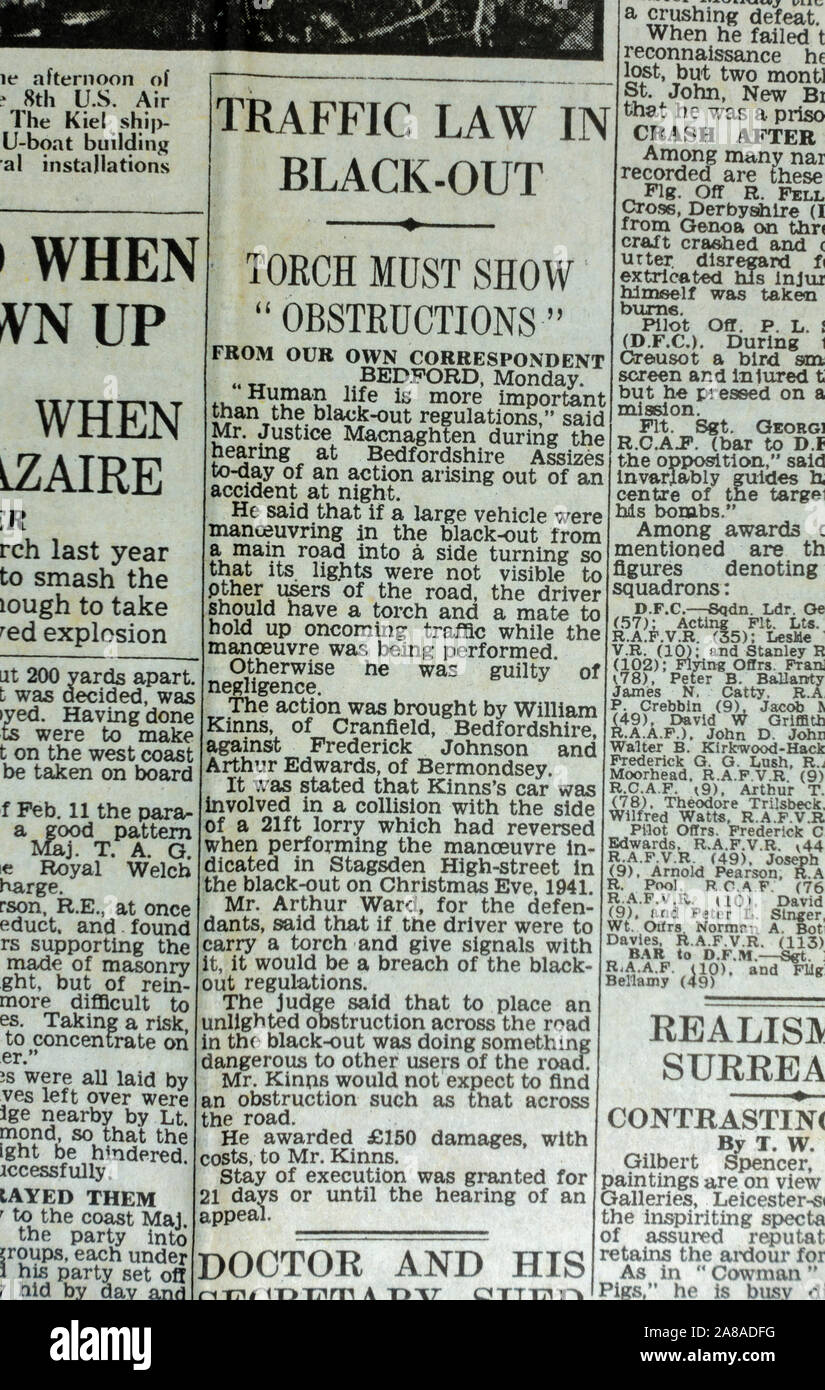 Article about an accident caused by the black-out traffic law in The Daily Telegraph (replica), 18th May 1943, the day after the Dam Busters raid. Stock Photo