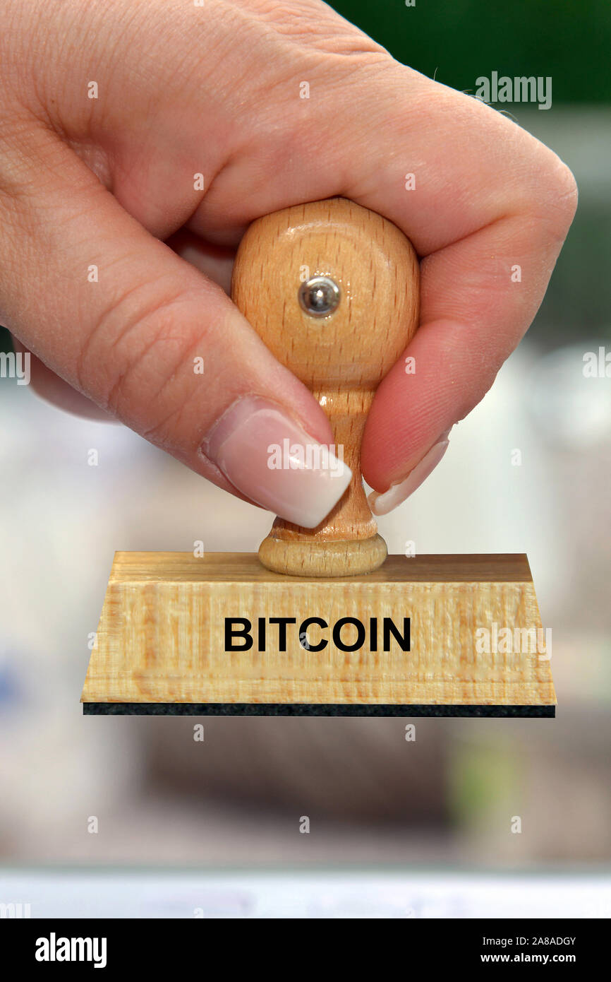 Stempel, Holzstempel, Aufschrift, Bitcoin, Stock Photo