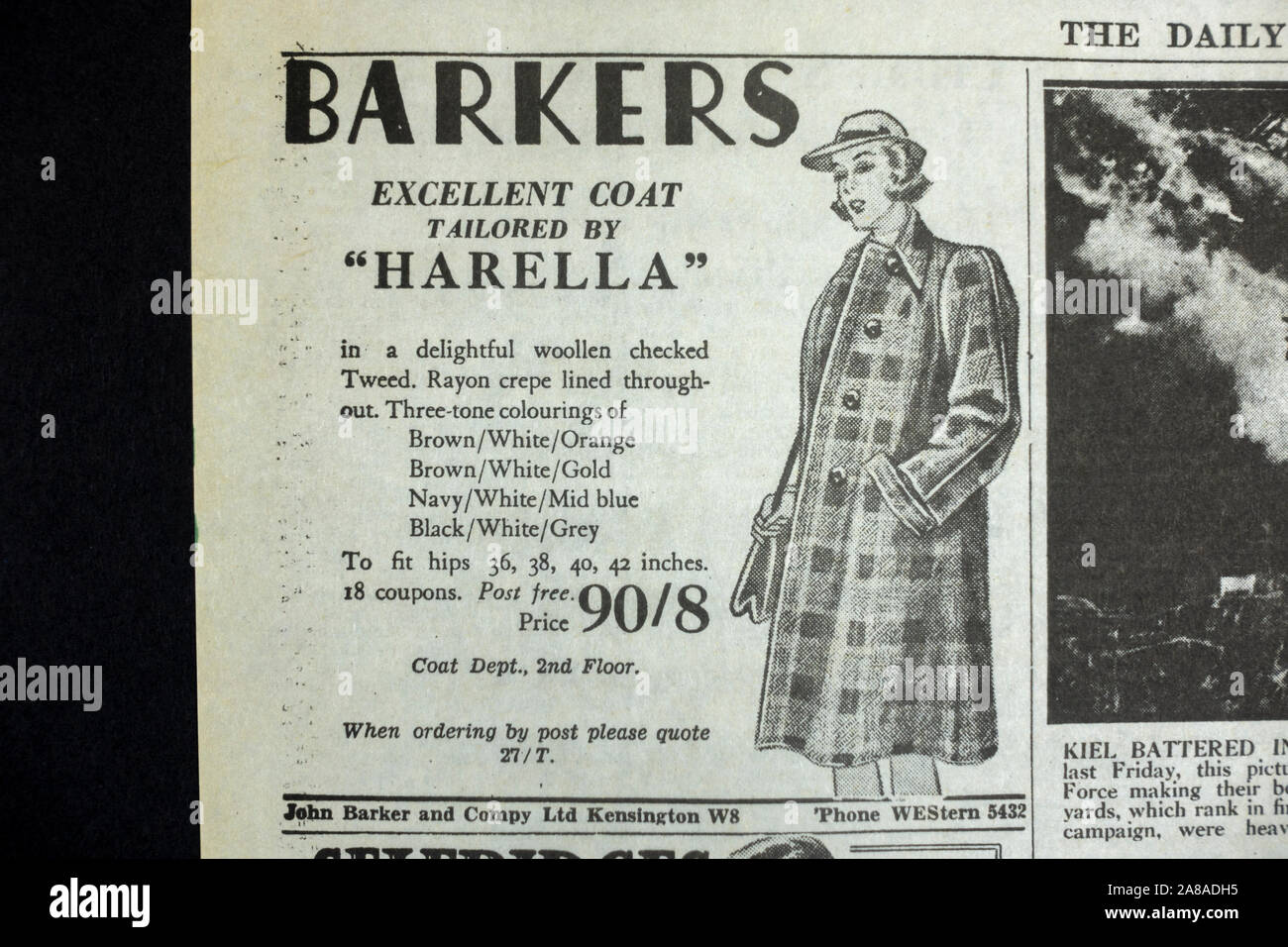 Advert for Barkers of Kensington (and their Harella tailored coat), The Daily Telegraph (replica), 18th May 1943, the day after the Dam Busters raid. Stock Photo