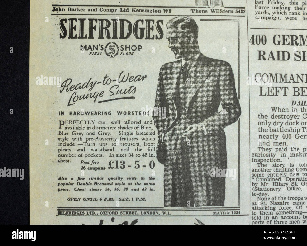 Advert for Selfridges ready-to-wear lounge suits in The Daily Telegraph (replica), 18th May 1943, the day after the Dam Busters raid. Stock Photo