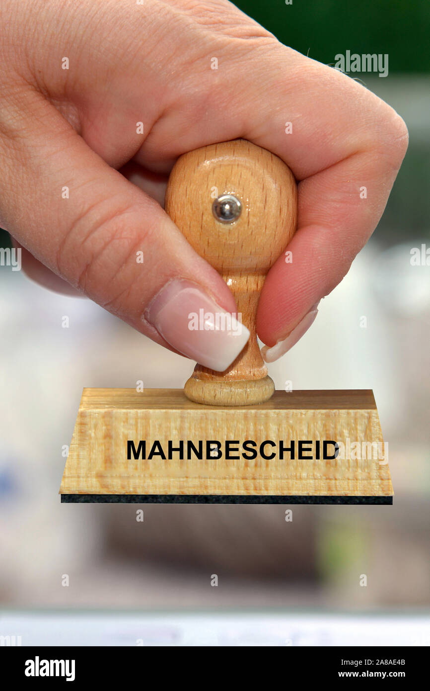 Stempel, Holzstempel, Aufschrift, Mahnbescheid, Gericht, Schulden, schuldner, Stock Photo