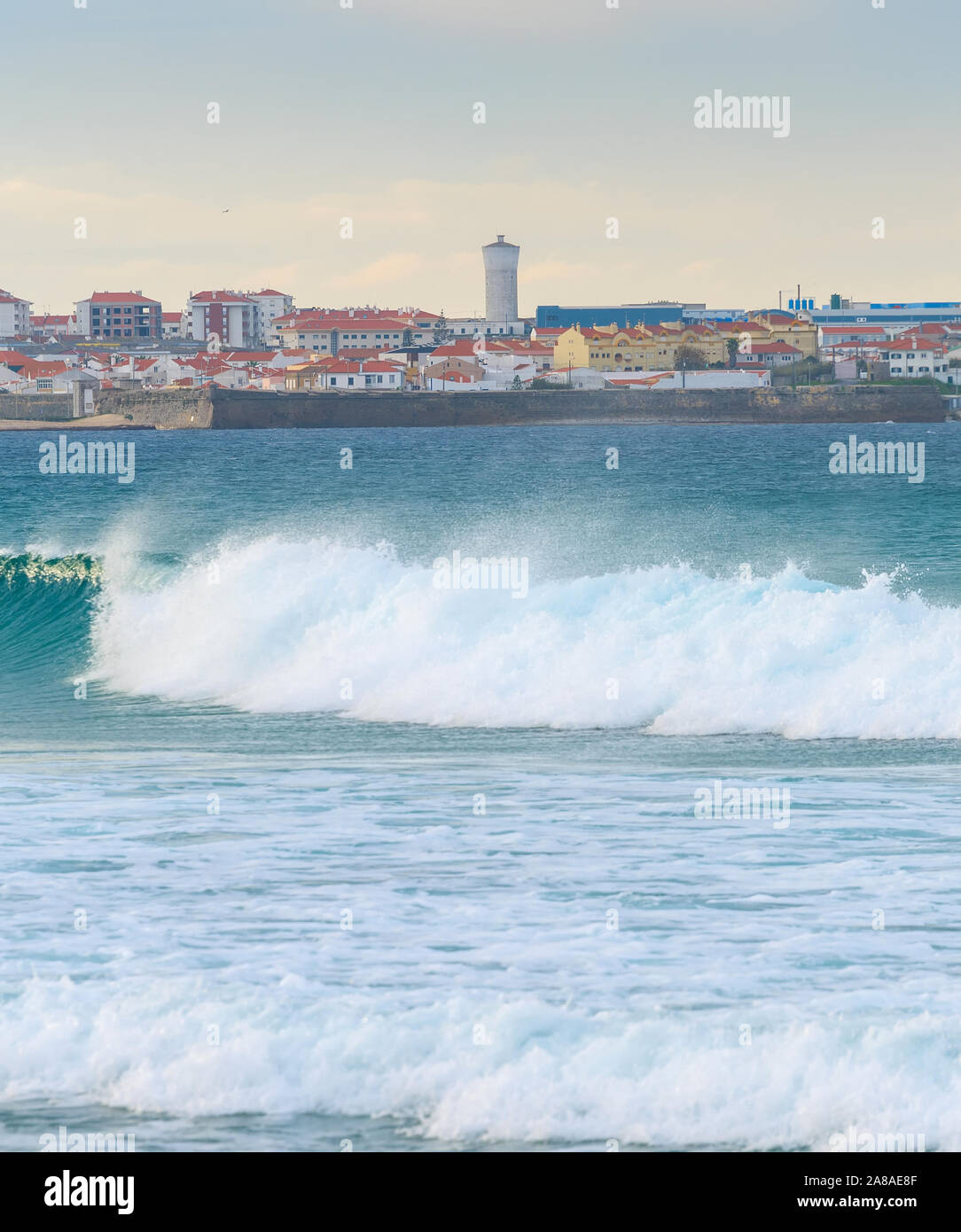 View of Peniche - coastal town in Portugal. Atlantic ocean in the foreground Stock Photo