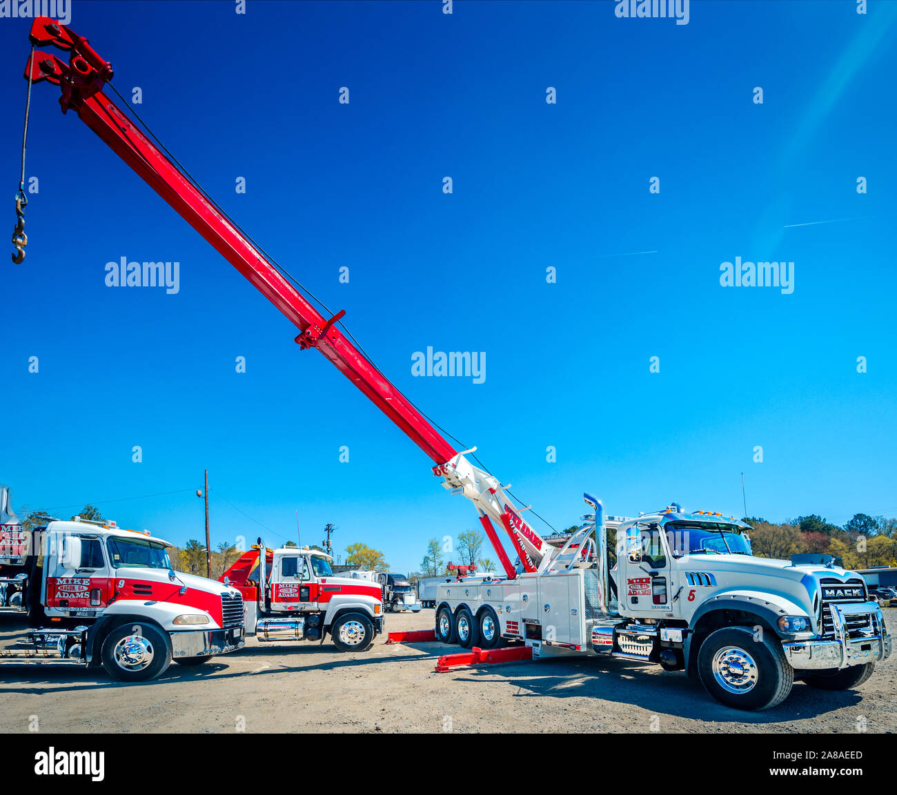 Mack Trucks are pictured at Mike Adams Towing and Air Cushion Recovery, March 22, 2016, in Macon, Georgia. Stock Photo