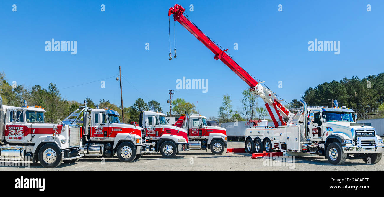 Mack Trucks are pictured at Mike Adams Towing and Air Cushion Recovery, March 22, 2016, in Macon, Georgia. Stock Photo
