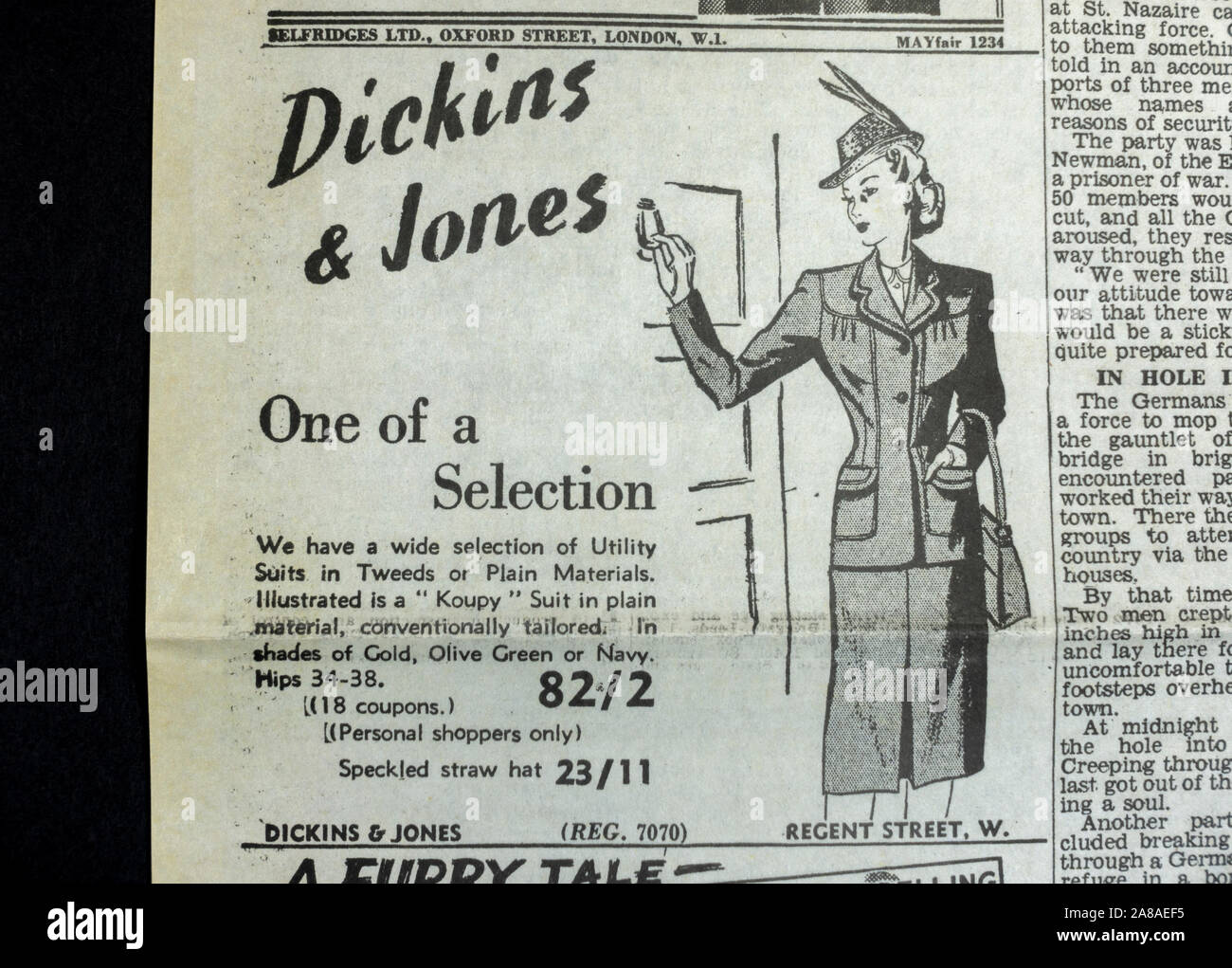 Advert for the Dickins & Jones store on Regents Street, London in The Daily Telegraph (replica), 18th May 1943, the day after the Dam Busters raid. Stock Photo