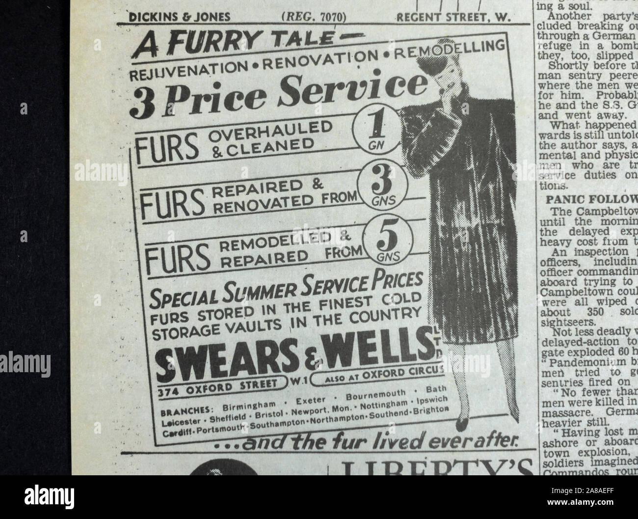 Advert for Swears & Wells fur stores in The Daily Telegraph (replica), 18th May 1943, the day after the Dam Busters raid. Stock Photo