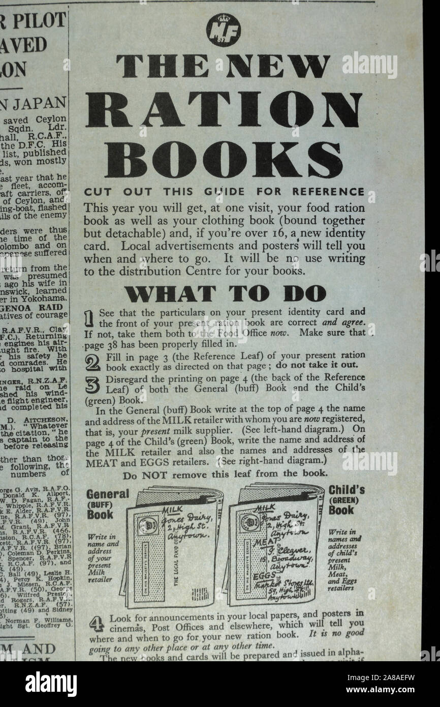 Ministry of Food promotion of the New Ration Books in The Daily Telegraph (replica), 18th May 1943, the day after the Dam Busters raid. Stock Photo