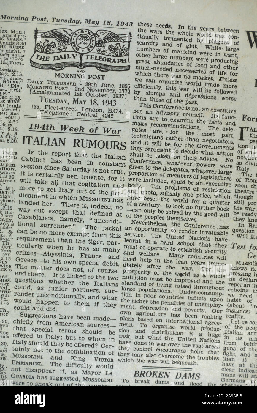Opinion piece (talking about 'Italian Rumours' in The Daily Telegraph (replica), 18th May 1943, the day after the Dam Busters raid. Stock Photo