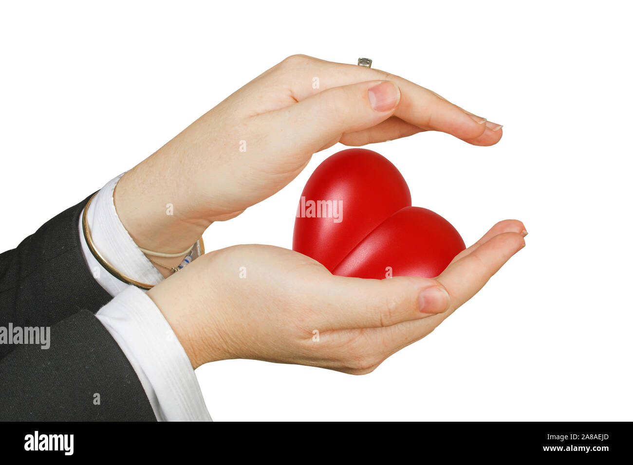 Rotes Herz, Organ, Gesundheit, Körperteil, Zwei Hände schützen ein Herz, Stock Photo