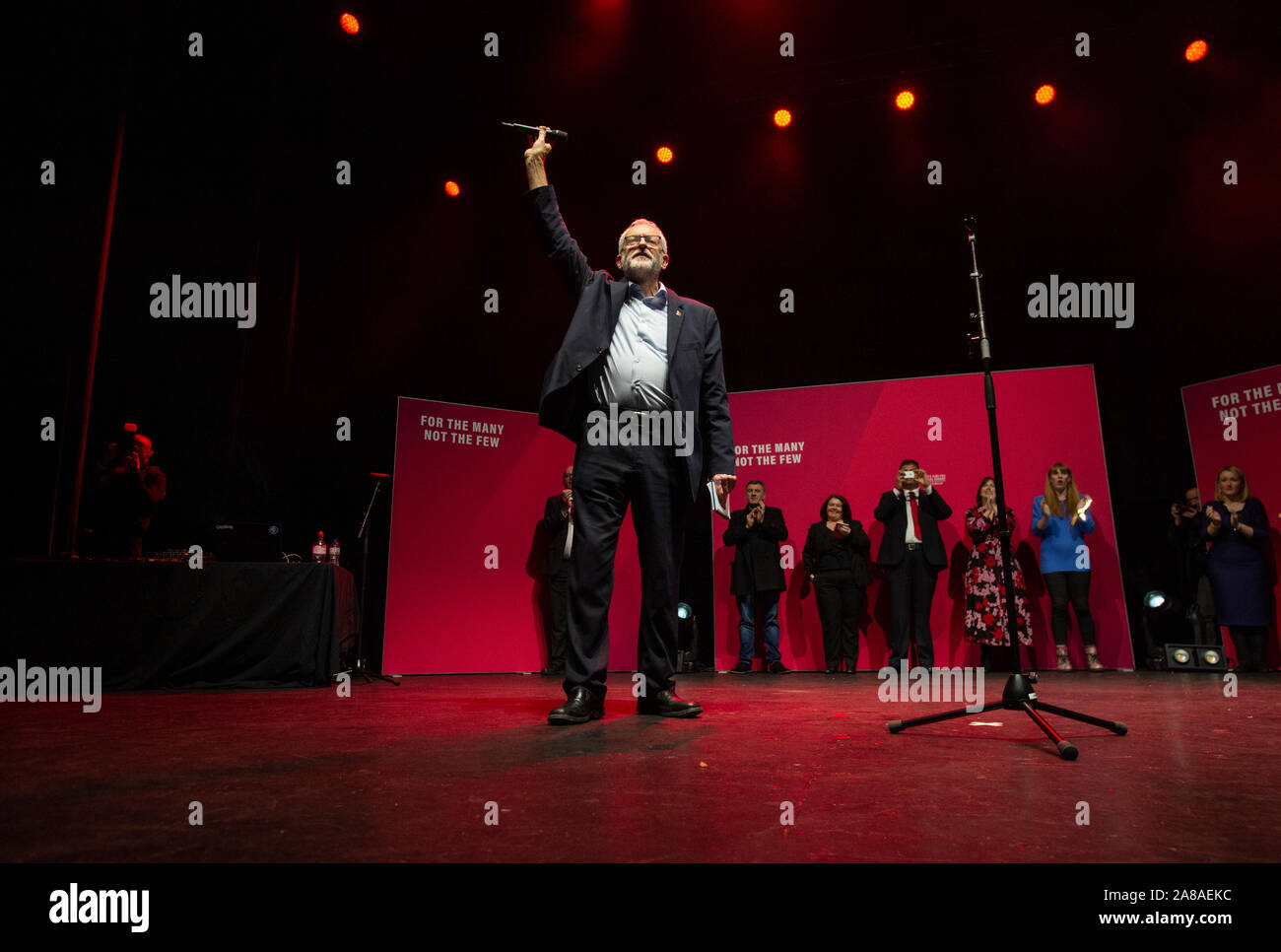 Manchester, UK. 7th November 2019. Jeremy Corbyn, Leader of the Labour Party and MP for Islington North, waves after speaking at the Labour General Election Rally held at the O2 Apollo in Ardwick, Manchester. © Russell Hart/Alamy Live News. Stock Photo