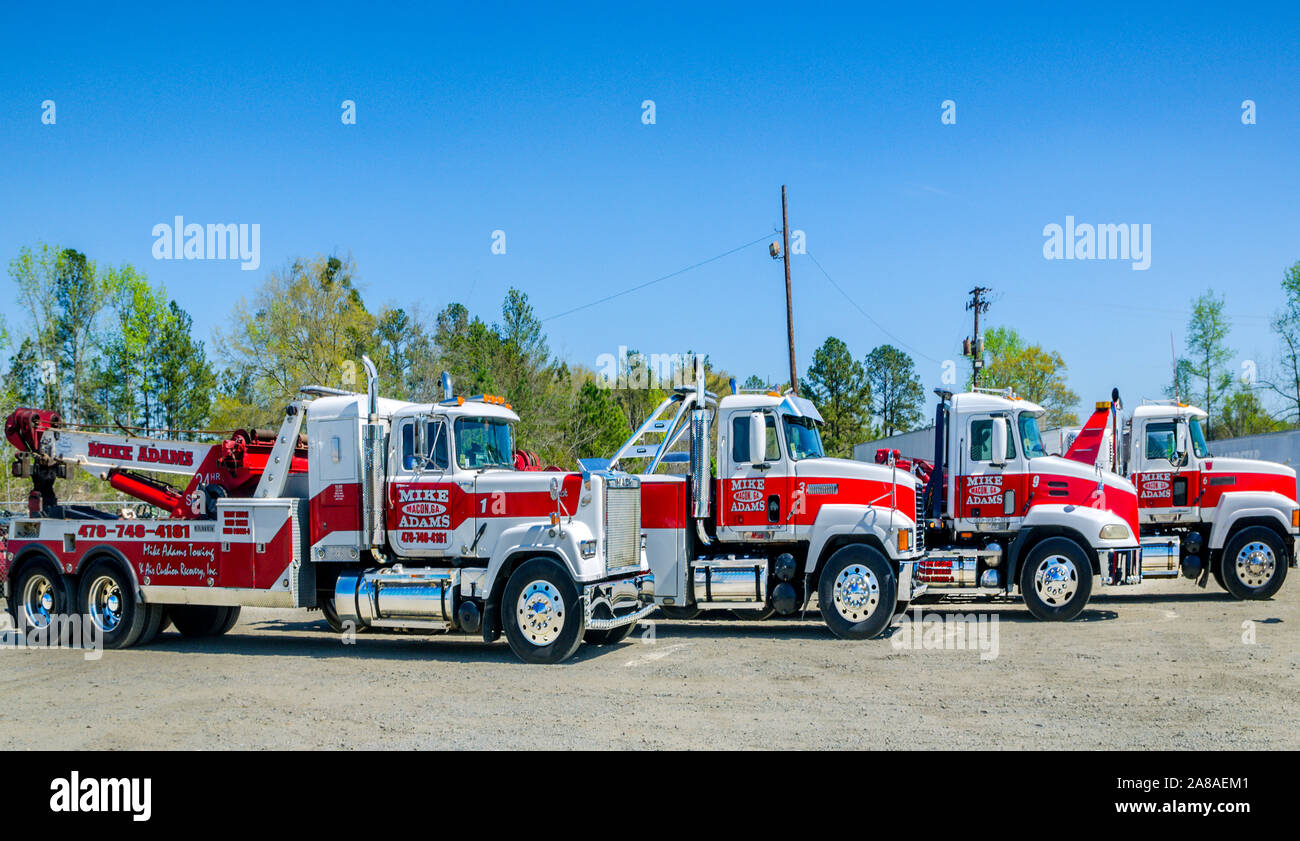 Mack Trucks are pictured at Mike Adams Towing and Air Cushion Recovery, March 22, 2016, in Macon, Georgia. Stock Photo