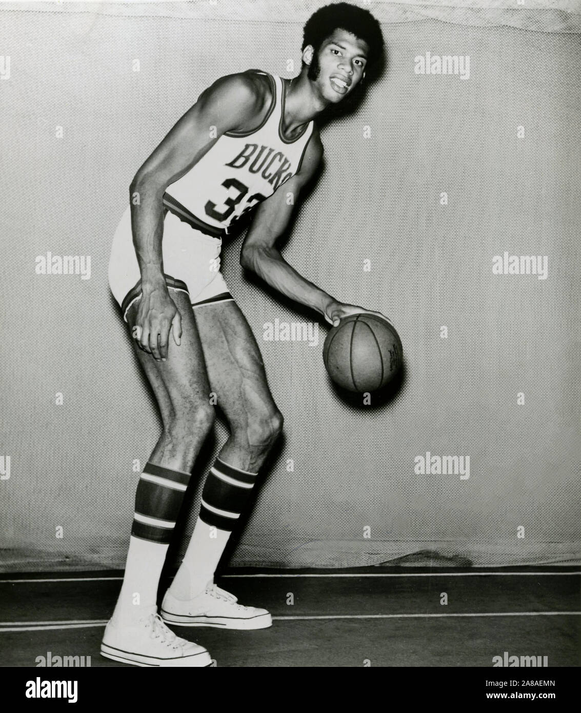 Early publicity still of basketball star Kareem Abdul Jabbar who was then still called Lew Alcindor with the Milwaukee Bucks. Jabbar played his college ball at UCLA and later was a star with the L.A> Lakers of the NBA. Stock Photo