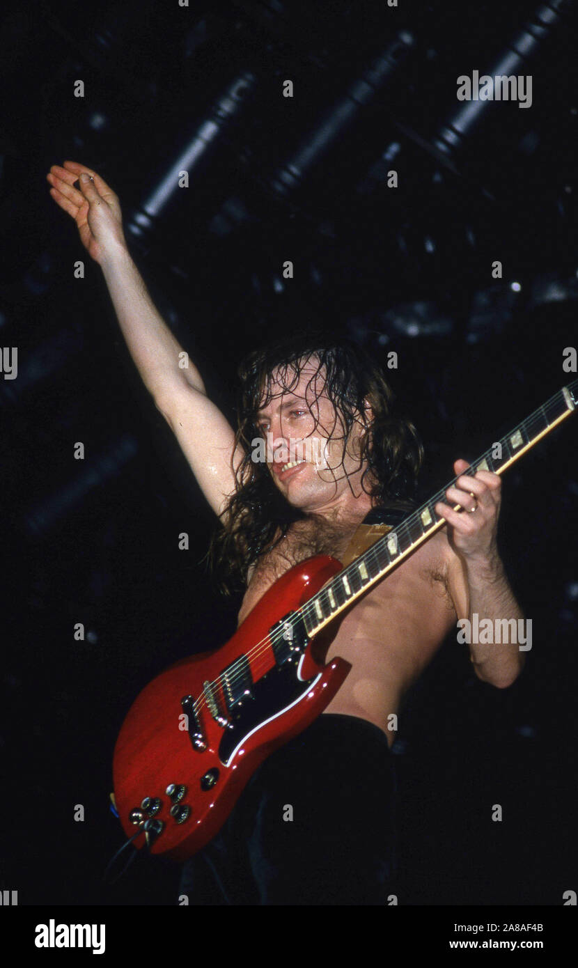 Australian heavy metal band AC/DC onn stage in London 1986 Angus Young
