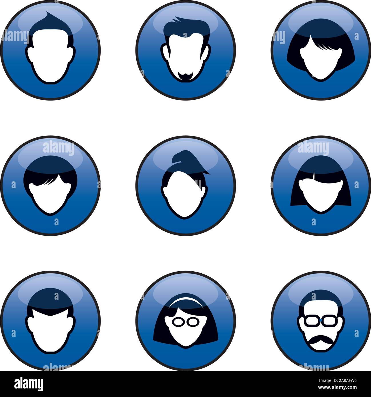 Set of blue buttons for web. Human heads and silhuettes. Interpersonal ralations and communication. Social media. Vector outline Illustration and icon Stock Vector
