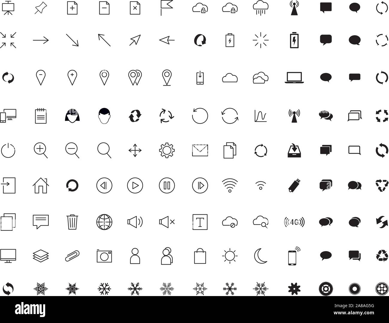 Vector collection of universal black flat icons for business, web, technology, communication, connectivity, music, media, finance, environment. Stock Vector