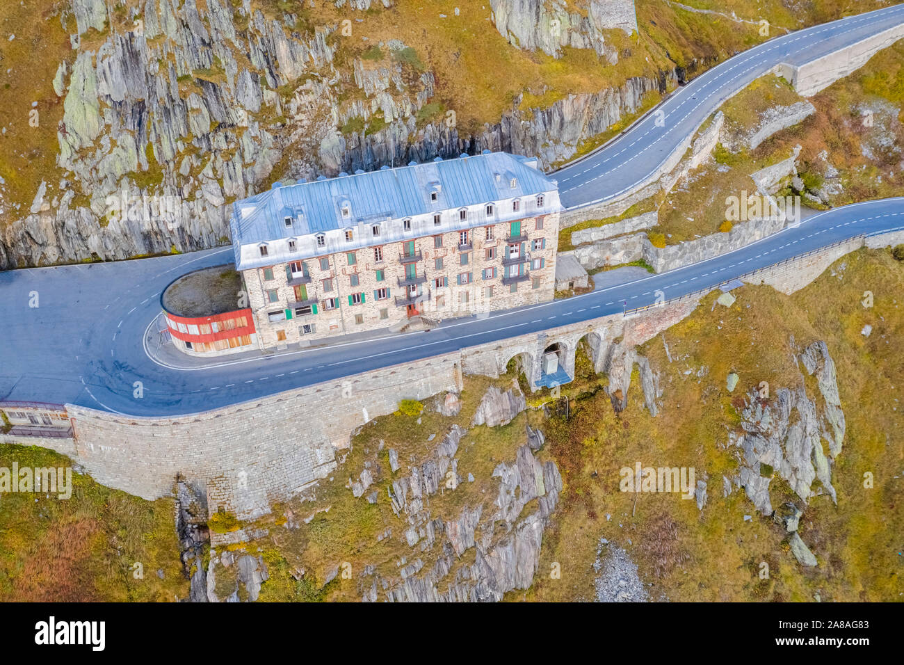 Aerial view of the Belvedere Hotel and the Furka Pass road, Obergoms, Canton of Valais, Swiss Alps, Switzerland. Stock Photo