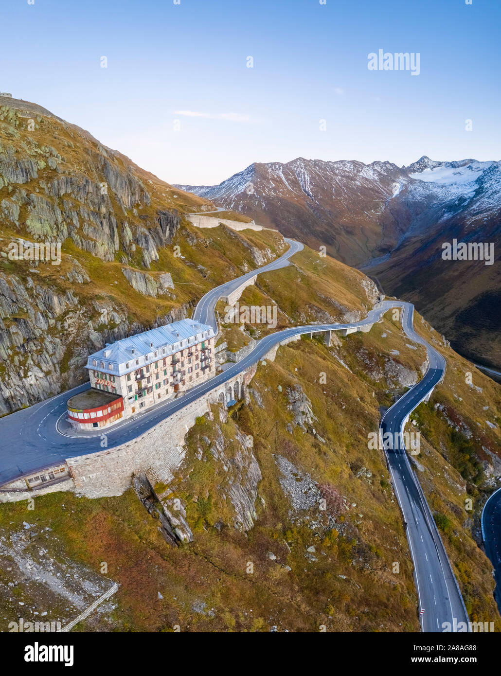 Aerial view of the Belvedere Hotel and the Furka Pass road, Obergoms, Canton of Valais, Swiss Alps, Switzerland. Stock Photo