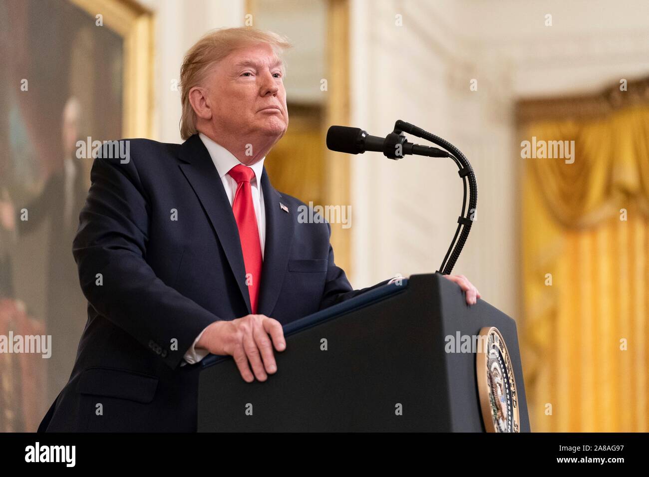 U.S. President Donald Trump delivers remarks on the federal judicial confirmation milestones in the East Room of the White House November 6, 2019 in Washington, DC. Stock Photo