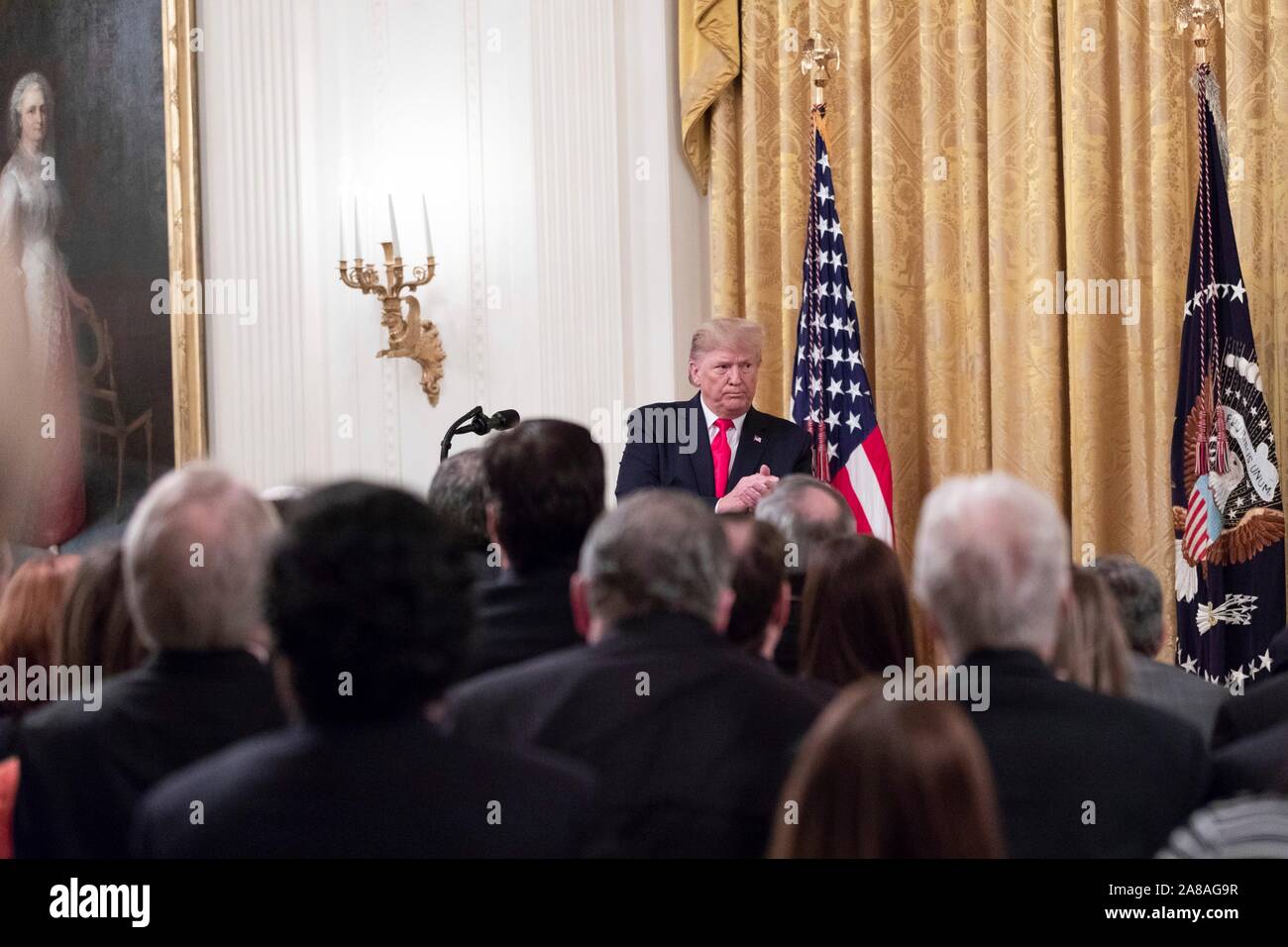 U.S. President Donald Trump delivers remarks on the federal judicial confirmation milestones in the East Room of the White House November 6, 2019 in Washington, DC. Stock Photo