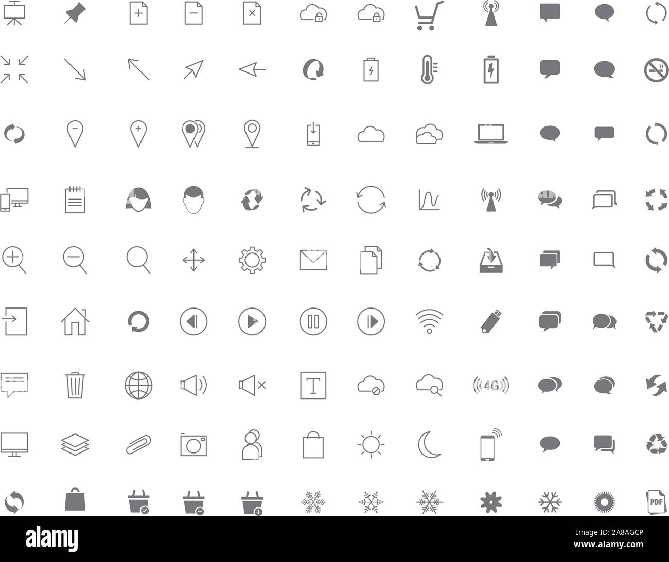 Vector collection of universal black flat icons for business, web, technology, communication, connectivity, music, media, finance, environment. Stock Vector