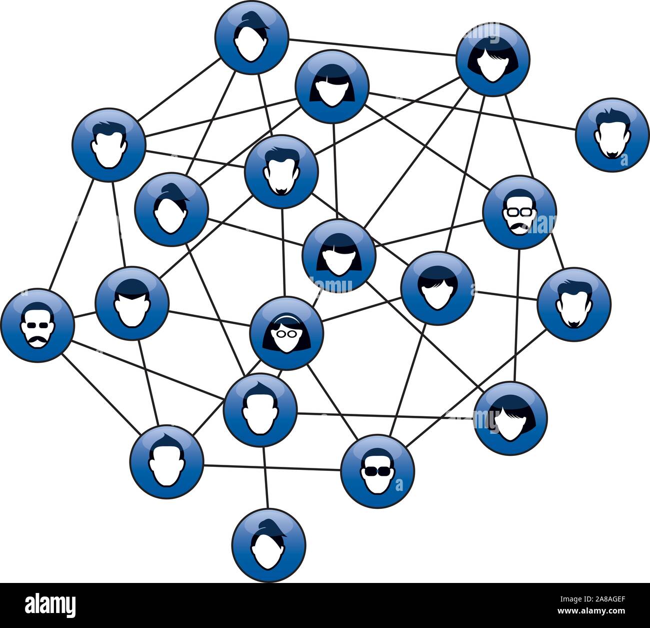 Set of blue buttons for web. Human heads and silhuettes. Interpersonal ralations and communication. Vector outline Illustration and icons. Stock Vector