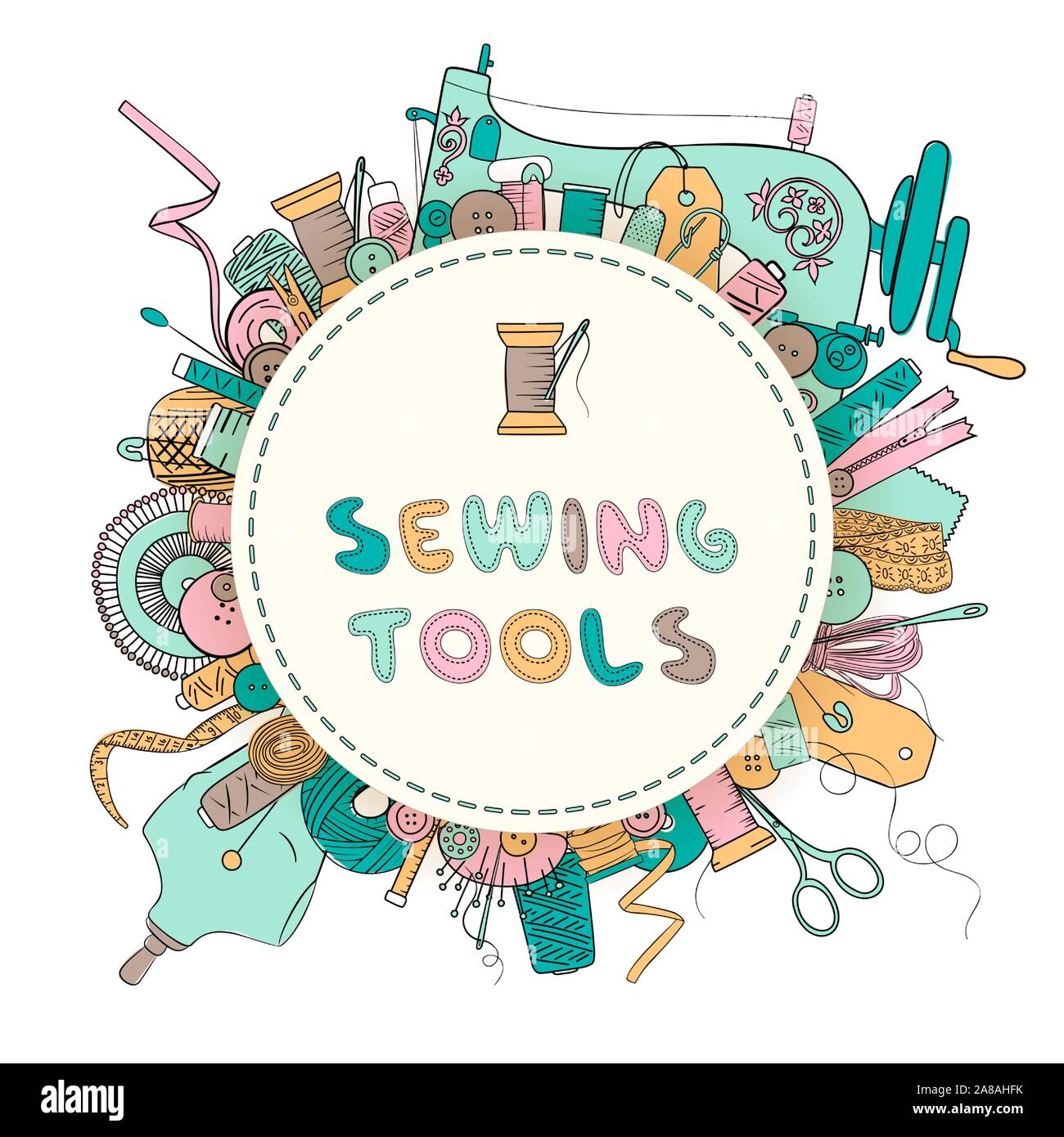 Color set of objects for sewing, handicraft. Round badge with text. Sewing tools kit and equipment Stock Vector