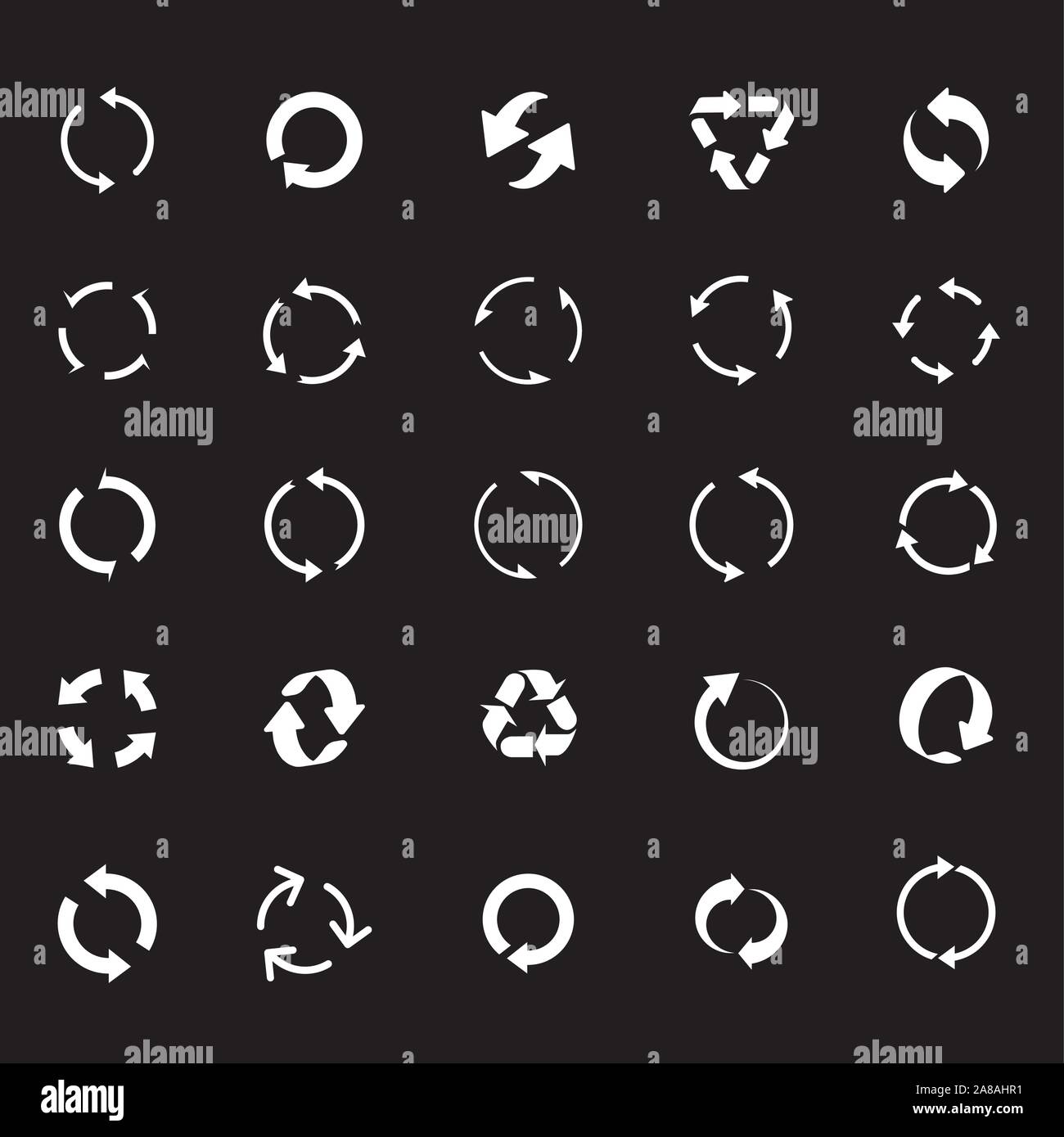 Set of white vector arrows on black background for web. Outline Refresh and Reload arrows. COLLECTION OF ICONS. Stock Vector
