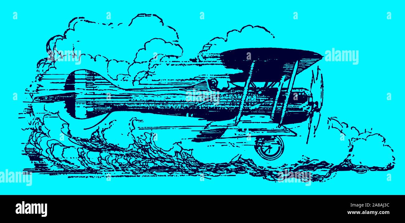 Historic biplane in side view flying at high speed in front of large cumulus clouds on a blue background. Editable in layers Stock Vector