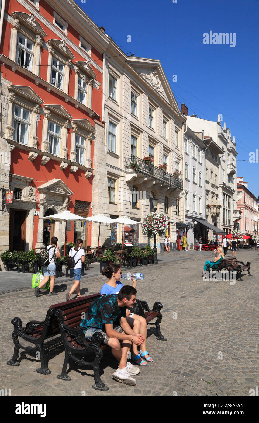 Houses at market square Rynok, Lviv, Ukraine Stock Photo