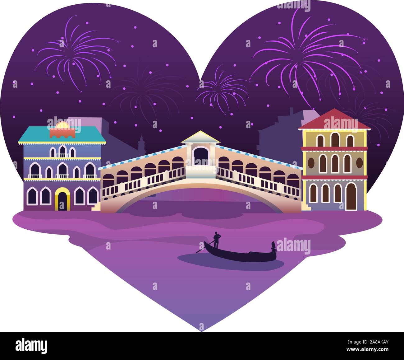 Heart shaped Venice View, with fireworks up in a shining star night. Includes vaporetto canoe almost under a bridge. Stock Vector