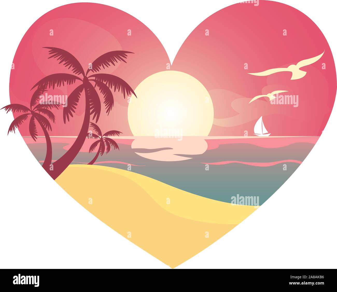 Heart beach landscape, with white birds and sailing boat. Sunset, sunrise view. Vector illustration. Stock Vector