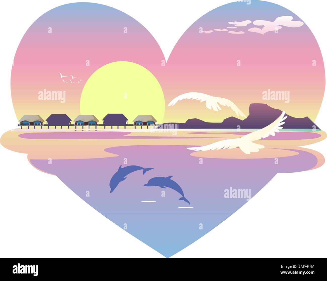 Heart beach resort landscape, with white birds and clouds, and blue dolphins. Sunset, sunrise view. Vector illustration. Stock Vector