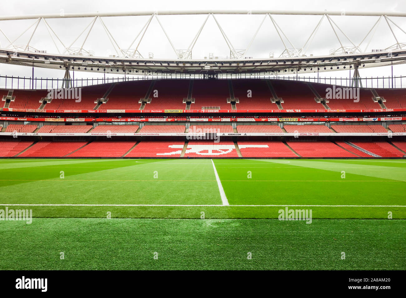 LONDON, UK - OCT 5TH 2019: Empty seats of East Stand at Emirates Stadium, the home of Arsenal Football Club. Stock Photo