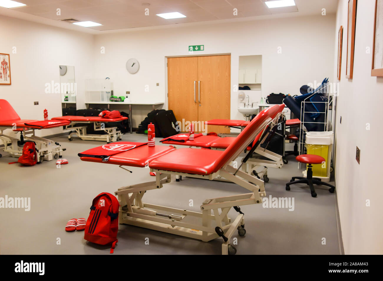 LONDON, UK - OCT 5TH 2019: The physio room on display to the public at the Arsenal Emirates Stadium Tour. Stock Photo