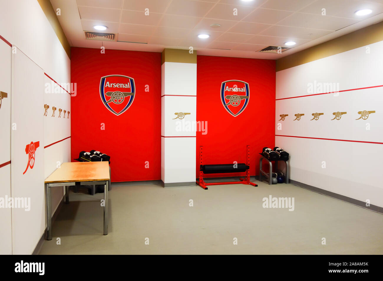 LONDON, UK - OCT 5TH 2019: The gym area on display to the public at the Arsenal Emirates Stadium Tour. Stock Photo