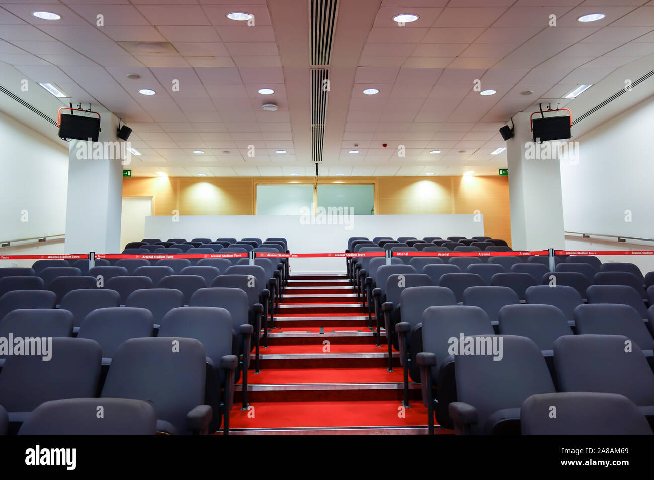 LONDON, UK - OCT 5TH 2019: The Seating area of he Press Room on display to the public at the Arsenal Emirates Stadium Tour. Stock Photo