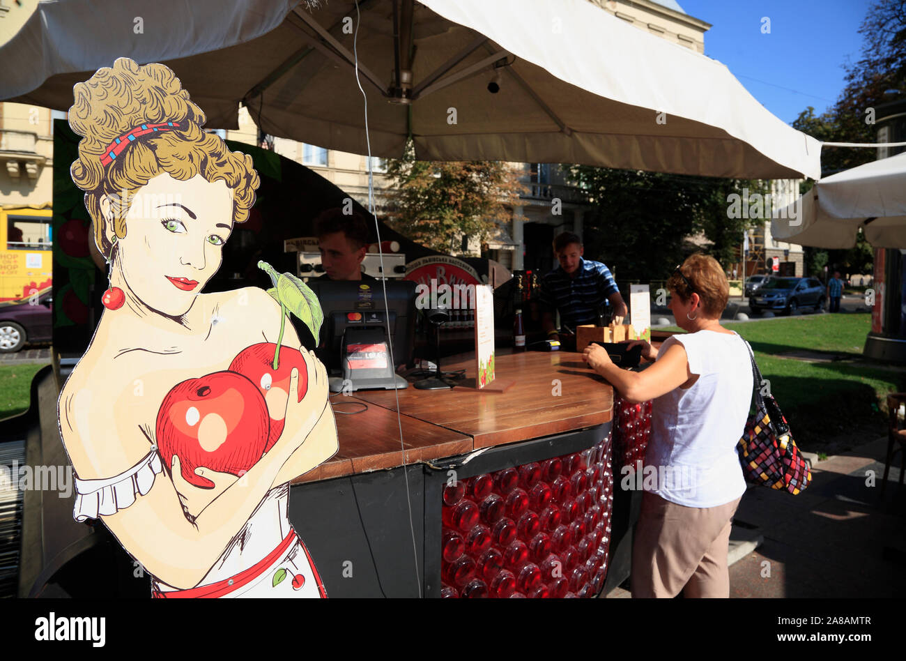 Cherry liquer stall on Svobody Prospekt, Lviv, Ukraine Stock Photo