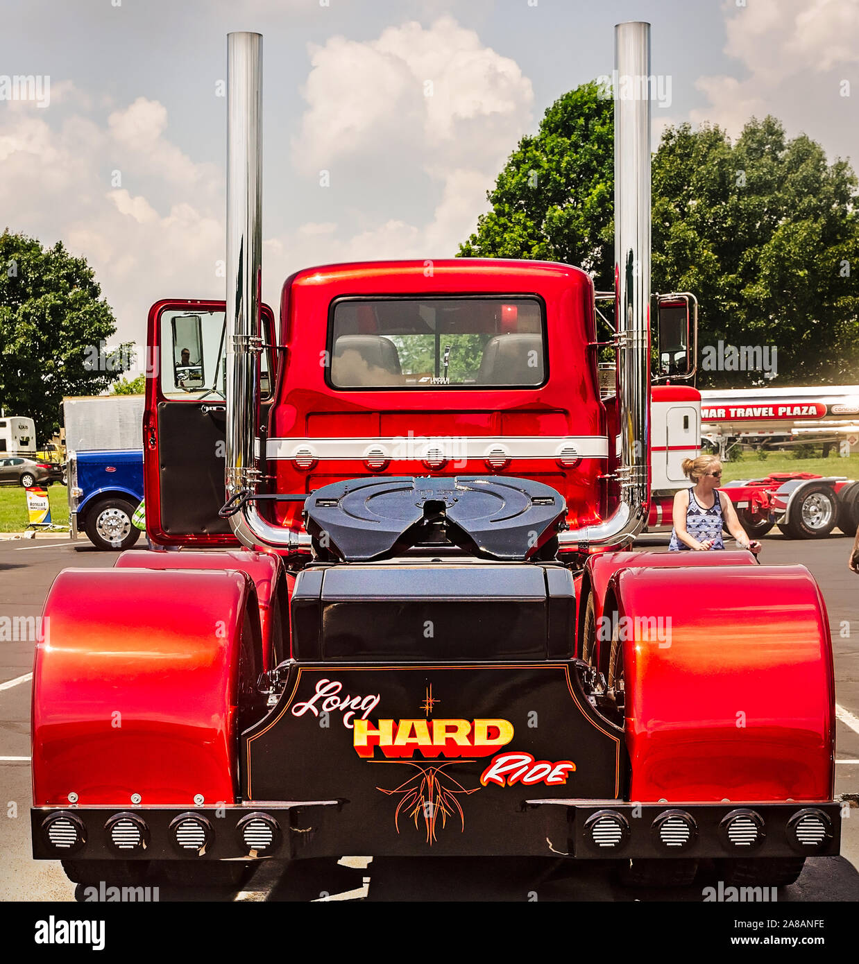 A 1991 Mack RD686 is shown from the rear at the 34th annual Shell Rotella SuperRigs truck beauty contest in Joplin, Missouri. Stock Photo