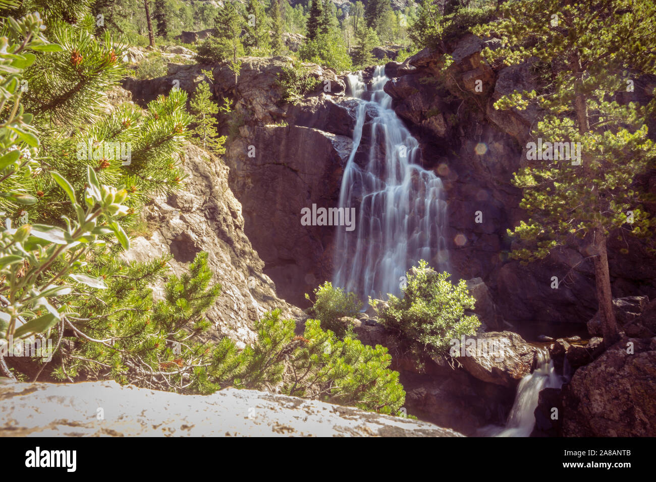The upper waterfall of Fish Creek Falls in Colorado Stock Photo
