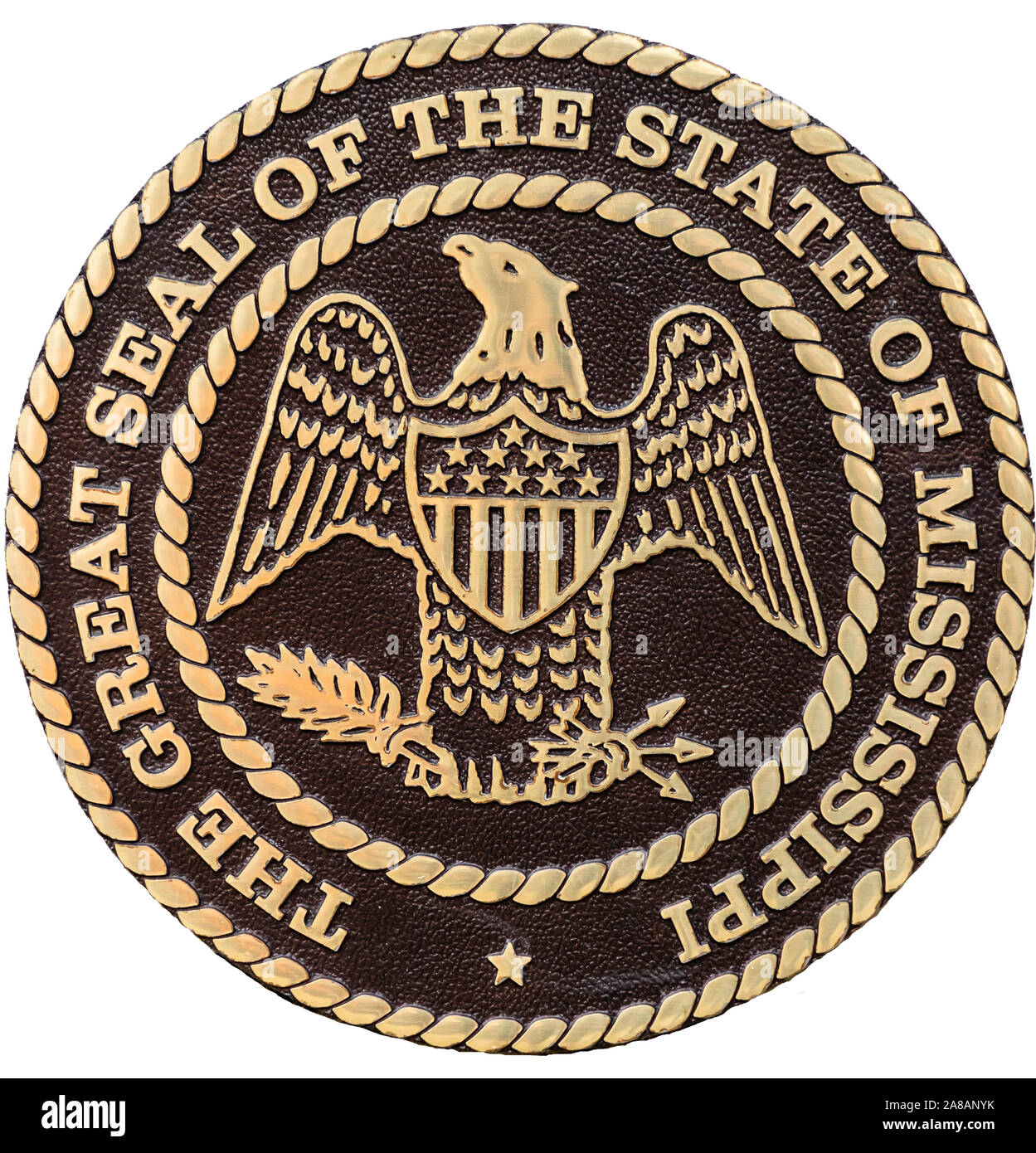 The 1879 - 2014 Great Seal of the State of Mississippi, located at the Mississippi Welcome Center, Pearlington, Mississippi. Stock Photo