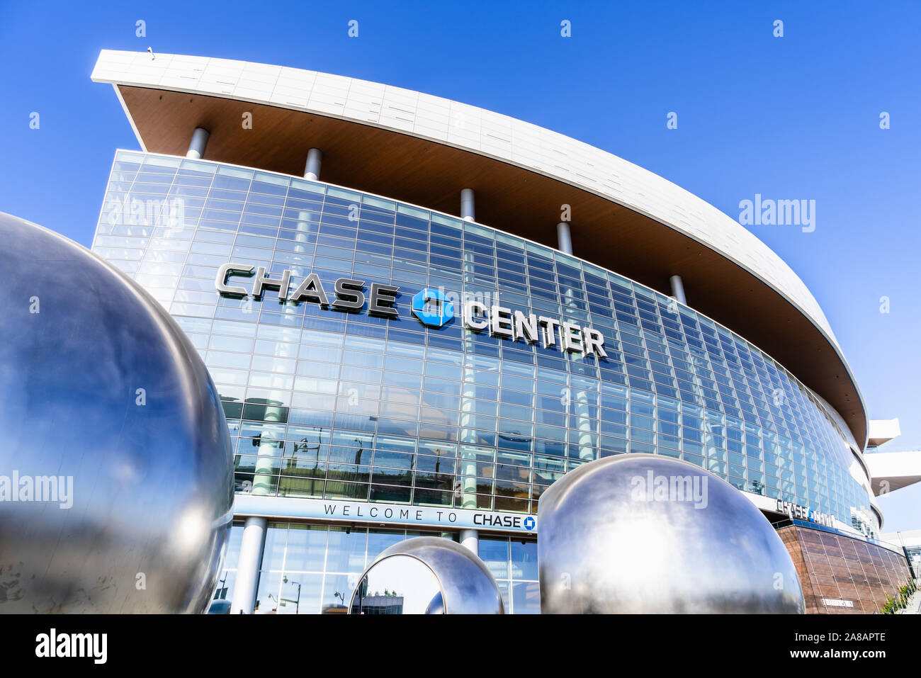 Nov 2, 2019 San Francisco / CA / USA - The newly opened Chase Center arena, home venue for the Golden State Warriors, in the Mission Bay District; See Stock Photo