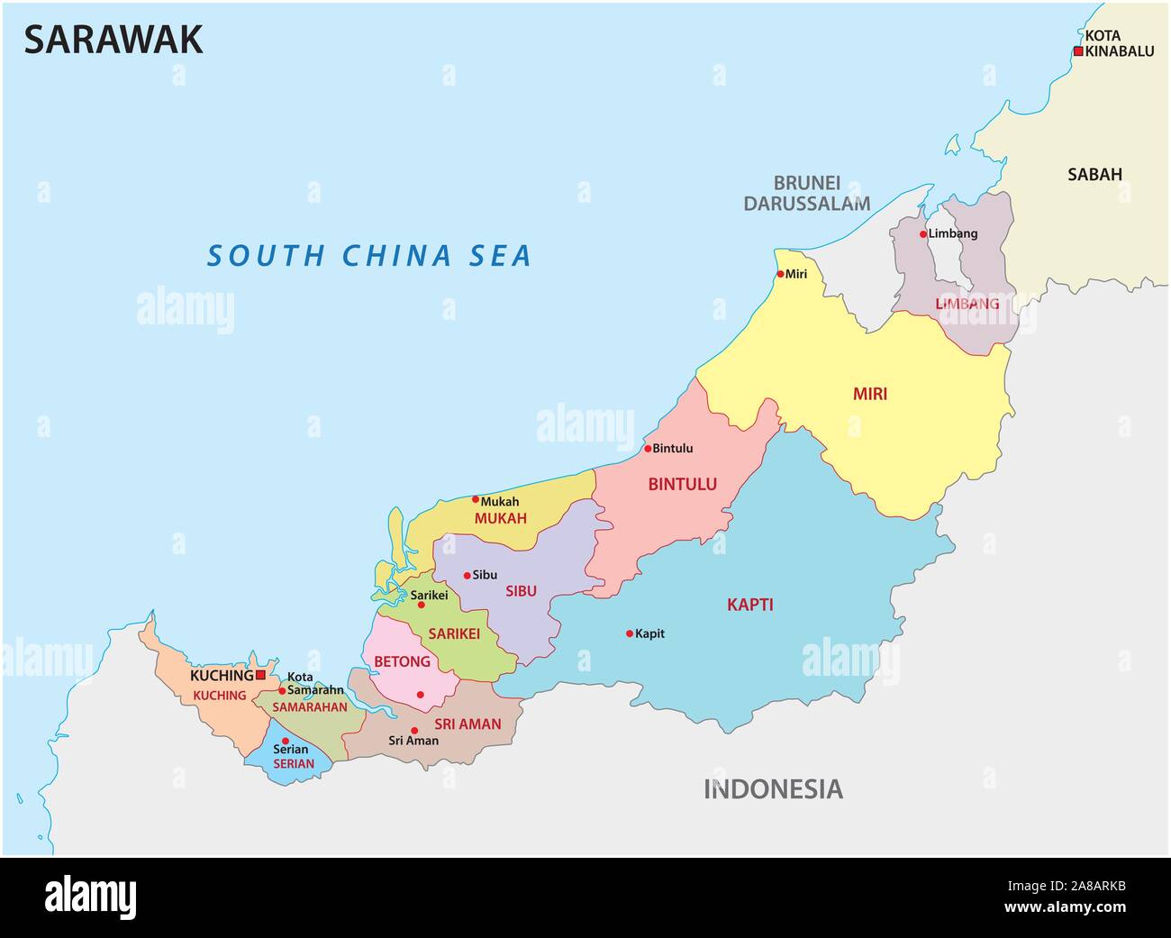 administrative and political map of the malayan division sarawak Stock Vector