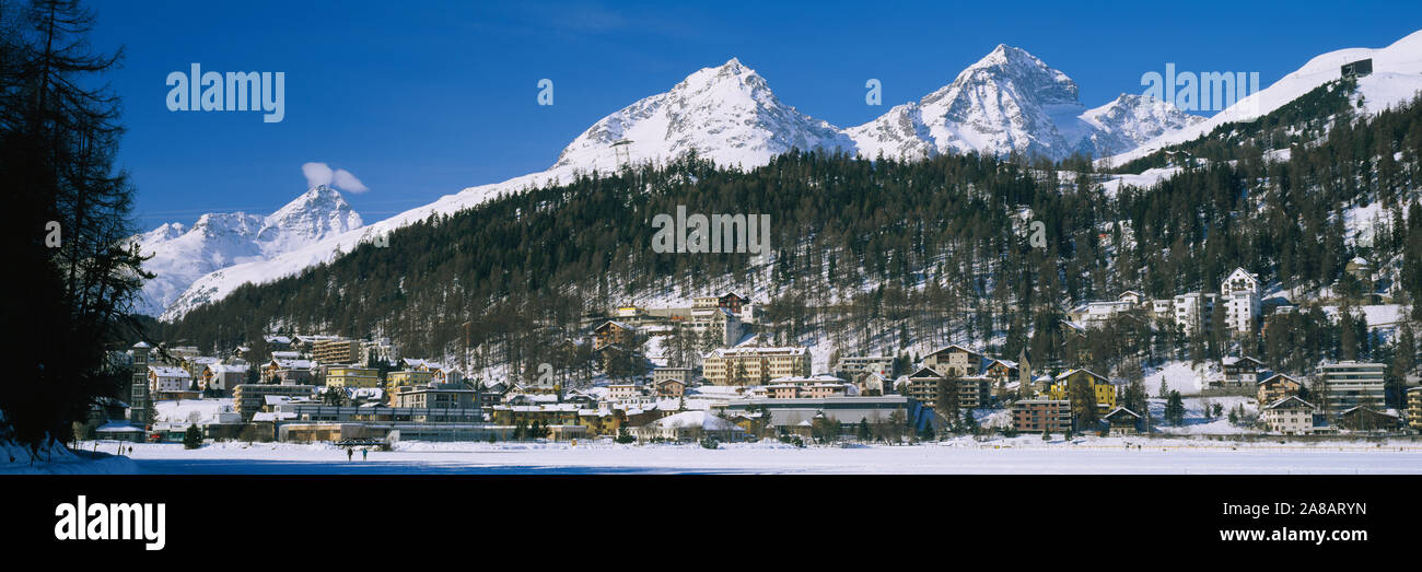 Town On The Mountainside, Saint Moritz, Engadine Valley, Graubunden, Switzerland Stock Photo