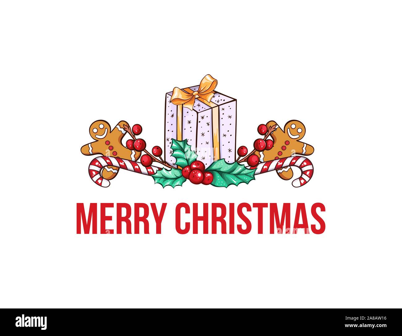 Merry Christmas wishes cartoon vector greeting card template. Gift box