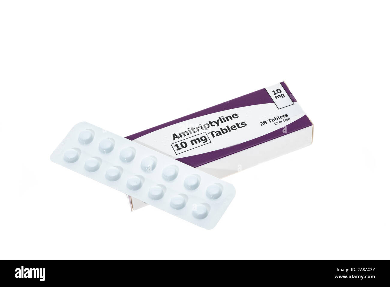 A box and blister pack of generic Amitriptyline 10mg tablets, used as an anti-depressent for the treatment of depression - white background Stock Photo