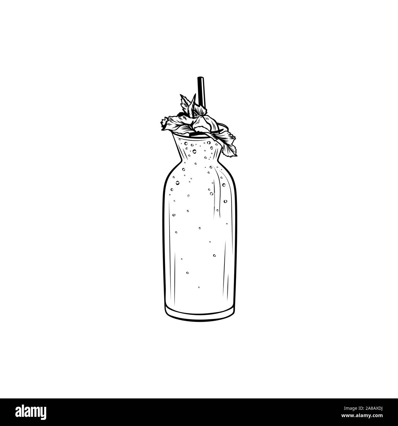 Bubble tea black and white vector illustration. Healthy summer refreshment, delicious taiwan drink ink pen outline drawing. Fresh beverage, sweet cocktail. Glass bottle with mint leaves and straw Stock Vector